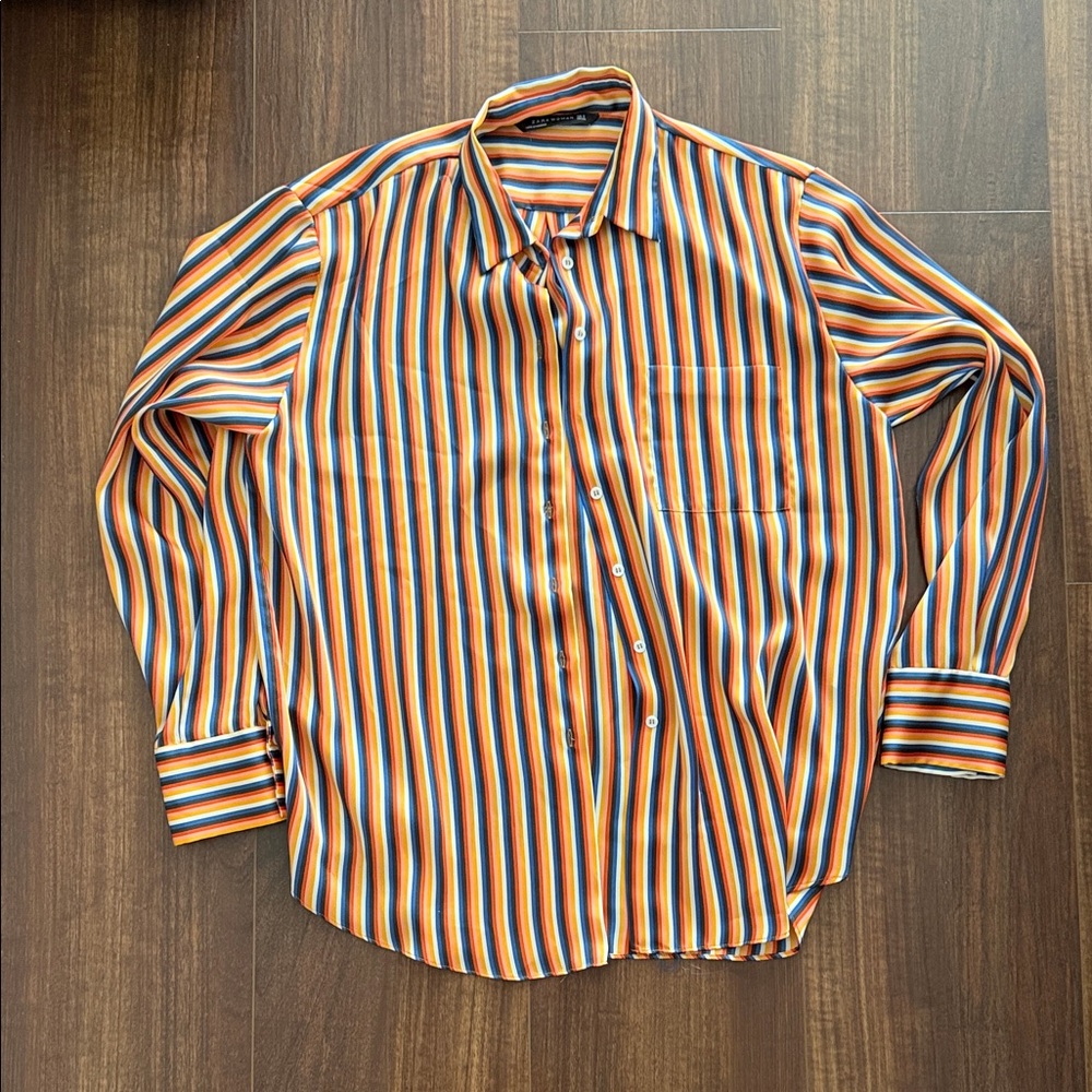 Zara Women's Multicolor Vertical Stripe Button-Down Shirt - Orange/Blue/White